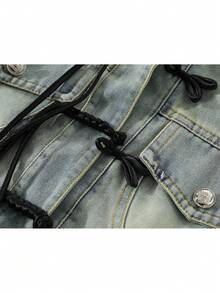 Designer Vintage Patchwork Chinese Knot Denim Jacket With Faux Pockets, College Office Casual Spring Autumn - Baby Blue - View 4
