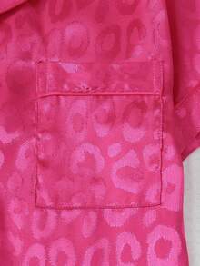 2pcs Satin Pajama Set For Women, Leopard Print Short Sleeve Collared Top And Bow Shorts, Soft Satin Loungewear Sleepwear For Spring/Summer - Hot Pink - View 4