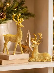2pcs Gold Reindeer Figurines, Resin Deer Statue Set, Christmas Tabletop Decor, Modern Nordic Home Decor, Suitable For Living Room, Mantel, Bookshelf, TV Stand, Office Desk, Dining Table, Holiday Centerpiece, Winter Party Decoration, Housewarming Gift - A - View 3