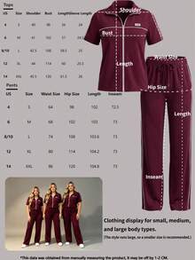 Set Busana Kasual Wanita Musim Semi/Gugur untuk Berpergian, Atasan Lengan Pendek dengan Resleting Warna Kontras Serbaguna dan Pinggang Tinggi Bergaris dengan Tali Serut, Longgar dan Elegan - Burgundy - View 10