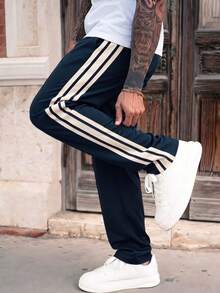 Men's Spring/Summer Casual Commute Pants, Breathable Striped Drawstring Long Pants, Slim Fit Natural Waist Outdoor Running Sports Pants - Navy Blue - View 2