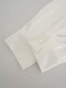 Women Elegant Satin Shirt Lace Trim V Neck Long Sleeve Button Down Blouse Luxury Office Commute Party Top - White - View 9