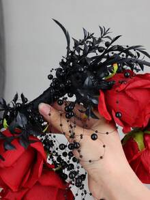 1pc Gothic Red Rose Handheld Flower Hoop Bouquet Elegant Black Bead Tassel Spider Floral Ring For Bridal Cosplay Party - Black and Red - View 4