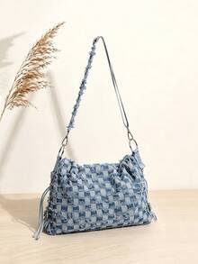 Denim Checkered Fringe Crossbody Bag Large Capacity Raw Edge Tote Bag Shoulder Bag Drawstring Casual Suitable For Daily Outings, Campus, Shopping - Baby Blue - View 7