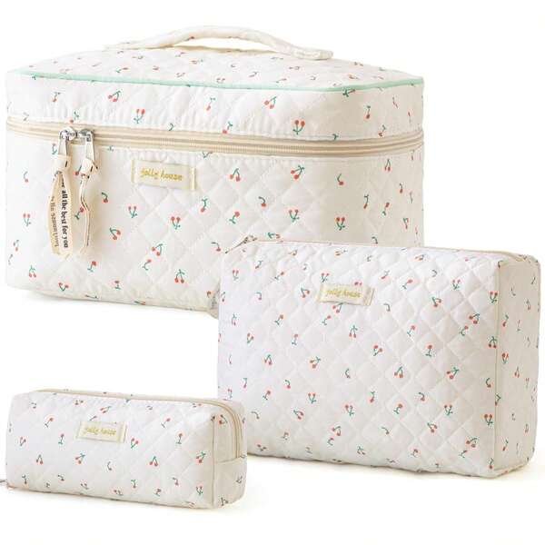 3Pcs Cherry Print Quilted Cosmetic Bag Set, Portable Zipper Makeup Organizer, Large Capacity Travel Toiletry Storage Pouch For Women Daily Vacation