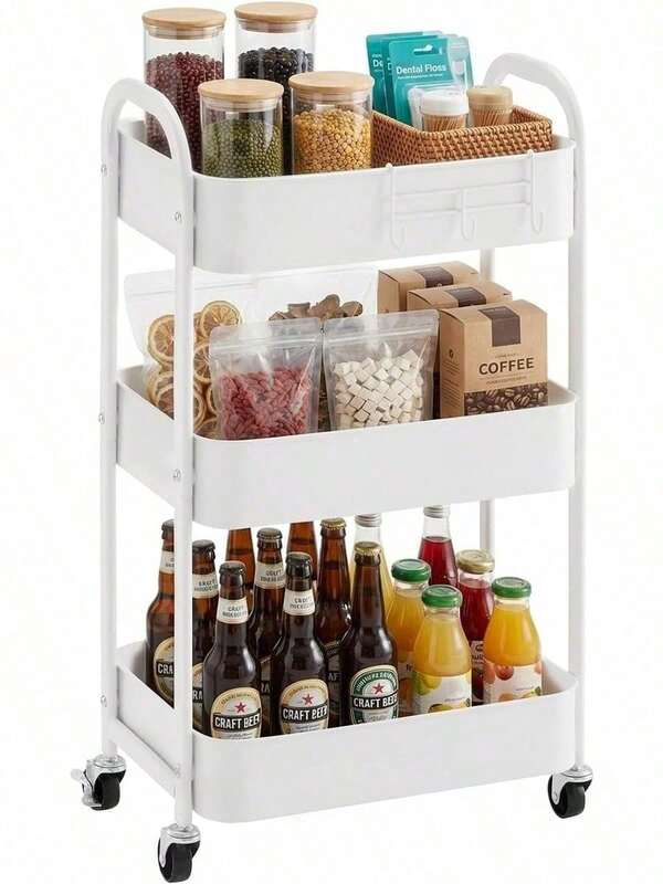 Carrito de almacenamiento metálico 3 en 1 práctico, resistente y ultrafuncional! Diseño vertical compacto que ahorra espacio para oficina, cocina, baño o despensa. Incluye 3 niveles con cestas de acero reforzado (capacidad alta y durabilidad premium). 4 ruedas giratorias de alta calidad freno de bloqueo segu