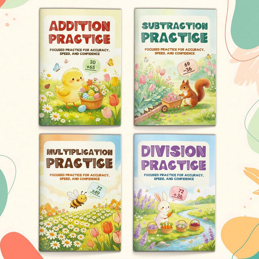 Conjunto de 4 Livros de Exercícios de Matemática para Crianças, Prática de Adição, Subtração, Multiplicação e Divisão, Folhas de Exercícios de Aritmética para Velocidade, Precisão e Construção de Confiança, Suprimentos Escolares para Ensino Fundamental, Homeschool e Sala de Aula - Prática de Cálculo Mental - Visão 1