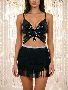 Sequin Crop Top With Multi-Layer Fringe Hip Scarf, Y2K Music Festival Party Waist Skirt 2 Pieces Set (Multiple Colors Available) - Multicolor - View 16