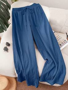 Women's Solid Blue Textured Elastic Waistband Faux Drawstring Side Pocket Wide Leg Casual Loose Full Length Pants - Lake Blue - View 6