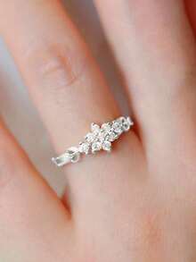 BALMORA 1 pieza Anillo mini de plata de ley S925 vintage de lujo elegante de moda con circonita de copo de nieve chapado en oro, regalo de joyería para mujer para uso diario y fiestas - Plateado - Ver 7