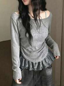 Bowknot Ruched Lace 2pcs Set Minimalist Sexy Style Sexy Cold Shoulder Top + Camisole - Grey - View 1