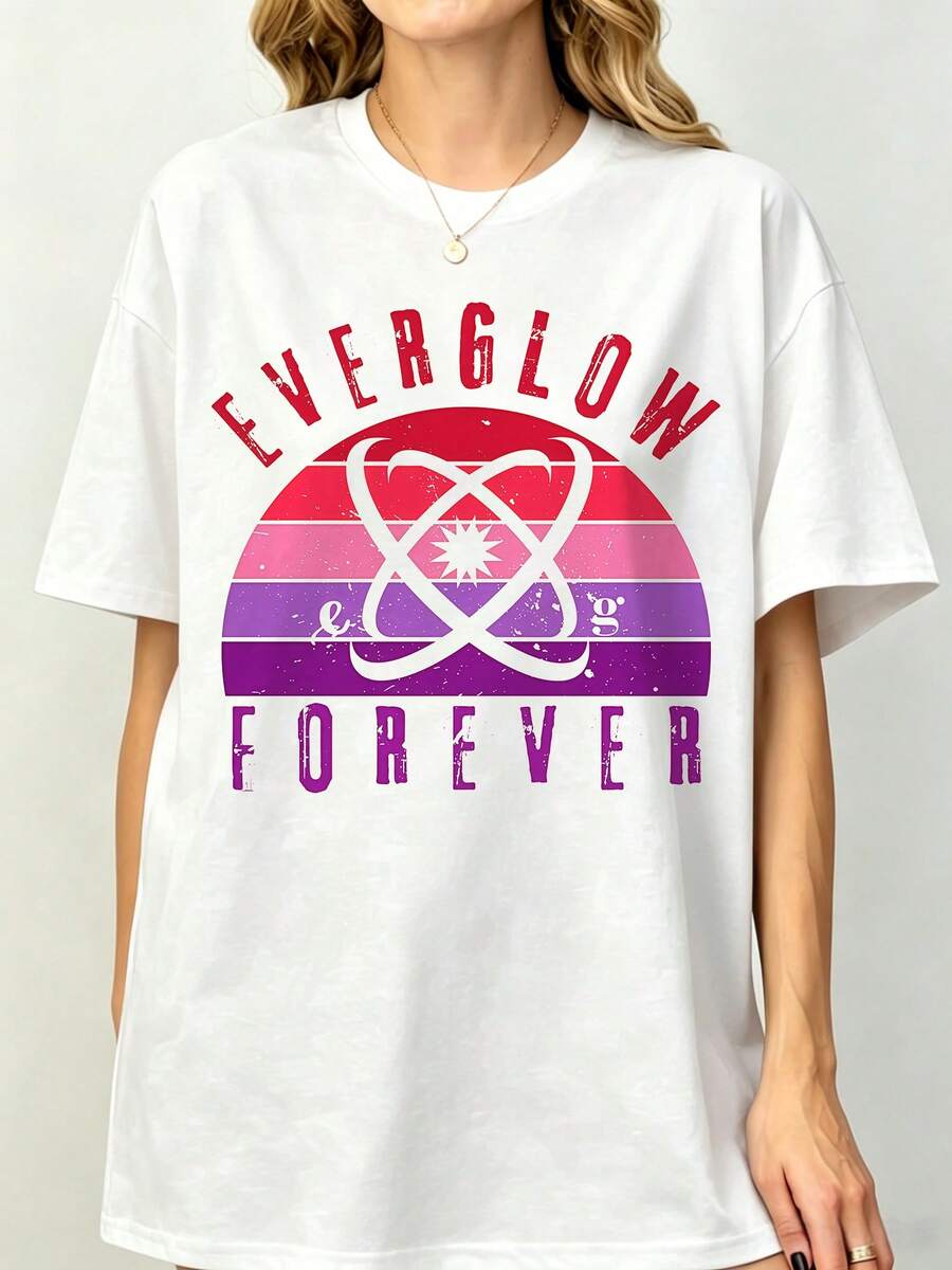 EVERGLOWS Forevers Pink Purple Sunset K-Pop Vintage Distressed Graphic T-Shirt, K-Pop Fandom Unisex Tee Summer Autumn - 白色 - 查看 1