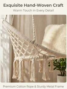 Boho Style Rope Hammock With Ruffle Tassels, Creamy Black Colours, For Indoor And Outdoor Use, Ideal For Bedroom, Balcony, Garden And Terrace, With Soft Cushion - A - View 4