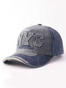 中性復古水洗拼色棒球帽，NYC URBAN 1989 毛邊字母補丁刺繡可調節休閒老爹帽 - NYC拼接 - 查看 3