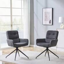[Set Of 2] European Swivel Chair In Light Luxury Design: Dark Gray Linen Fabric + Black Metal Legs - 黑色 - 查看 5