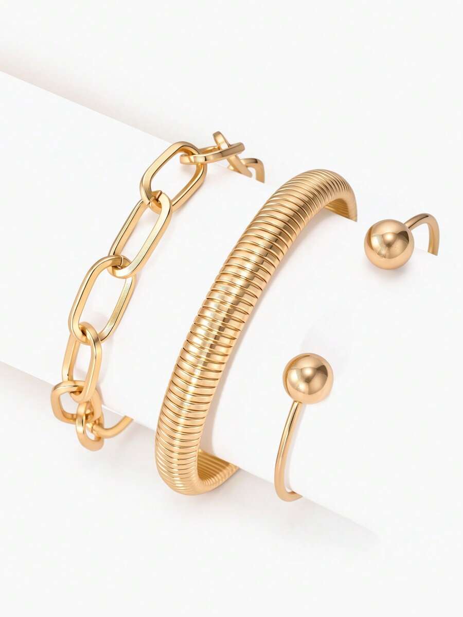 Vandermere 3PCS Golden Bangles For Women Chunky Stretch Multi Layer Stacked Metal Chain Bangles Bracelets Flexible Wide Wristband Cuff Bracelets Set - Yellow Gold - View 1