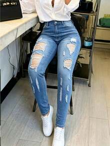 High‑Waist Stretch Skinny Ripped Butt‑Lifting Jeans For Women - Medium Wash - View 1