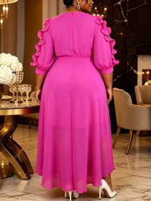 Plus Size Women Elegant Chiffon Maxi Dress With Tiered Ruffles Button And Belted Irregular Hem A Line Dresses Wedding Guest Party Gown - Hot Pink - View 7