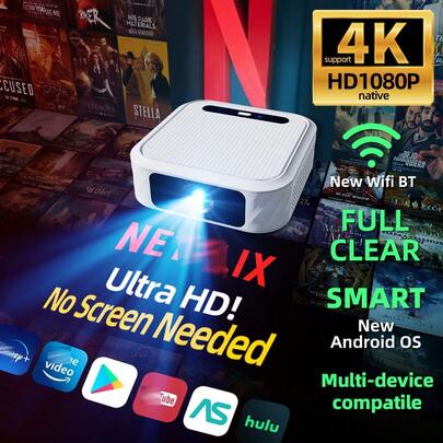 HUASHIJIE 4K Home Theater Projector, Built-In WiFi, Screen Mirroring From Phones, No Screen Needed. Suitable For Bedroom, Student. Built-In Android System, Speaker. Fast Local Shipping. Gifts For Mother's Day, Father's Day, And Children's Day, Valentine's Day.