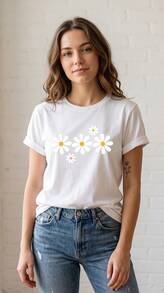 1 Pcs Cute Casual 100% Cotton Crew Neck Tee, Fresh Daisy Flower Print Loose Short Sleeve Blouse For Summer Travel Beach Daily Wear - 白色 - 查看 1