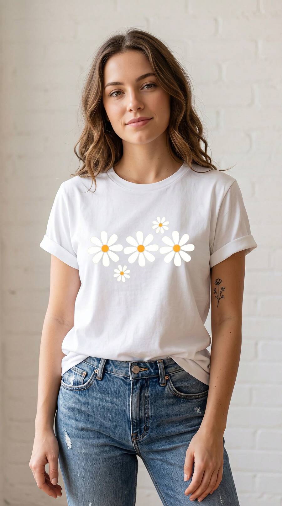 1 Pcs Cute Casual 100% Cotton Crew Neck Tee, Fresh Daisy Flower Print Loose Short Sleeve Blouse For Summer Travel Beach Daily Wear - 白色 - 查看 1