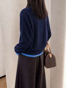 Women's Autumn/Winter Casual Minimalist Colorblock 2 In 1 Knit Round Neck Cardigan Jacket Fall - Navy Blue - View 2