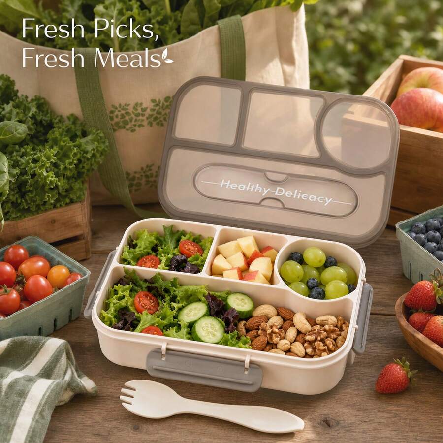Bento Box Set -4 Compartments Food Storage Container With Cutlery, Soy Sauce Bottle And Cake Liner, Microwave And Dishwasher, Durable Plastic, Suitable For Lunch And Snacks, Brown, Snack Storage | Compartment Container | Microwave Container - Apricot - View 1