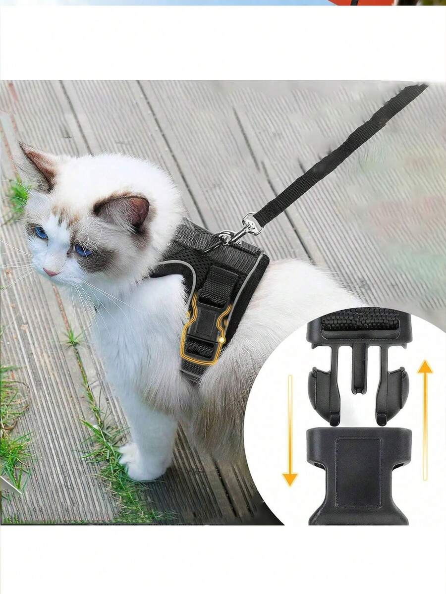 Cat/Dog Breathable Reflective Harness With Leash, Quick-Release Buckle, Anti-Escape Design, For Home And Outdoor Walking, Small To Medium Pet Cat Travel Harness Set - Black - View 1