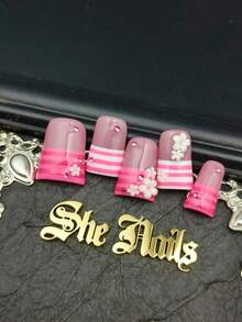 DIY 10pcs Handmade French Tip Medium Long Duck Nails Press On Nails White&Hot Pink Nails Handpainted Lines Y2K Elegant With 3d Handcrafted Flowers Removable Handmade Press On Nail For Party/Beach For Daily Wear & Cosplay With Free Gel Sticker Nail Fi - Multicolor - View 3