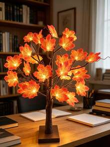 1pc 60CM Red Maple Leaf Tree Light, 24 Warm White LED Lights, 3 AA Battery Box + USB Dual Power Supply, Maple Leaf Atmosphere Tree Lamp, Bedroom Desktop Thanksgiving Autumn Party Homestay Decoration Ornament Light - Yellow - View 1