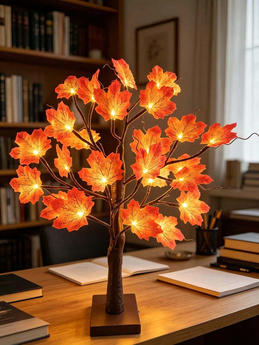 1pc 60CM Red Maple Leaf Tree Light, 24 Warm White LED Lights, 3 AA Battery Box + USB Dual Power Supply, Maple Leaf Atmosphere Tree Lamp, Bedroom Desktop Thanksgiving Autumn Party Homestay Decoration Ornament Light - Yellow - View 1