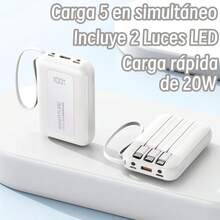 Batería Portátil Para Celular de 20000mAh, Power bank con diseño en color sólido, Pila Portátil Mini con 4 Cables Incluidos, Carga 5 Dispositivos a la Vez con Carga Súper Rápida 20W. Incluye 2 Luces LED - blanco - Ver 1