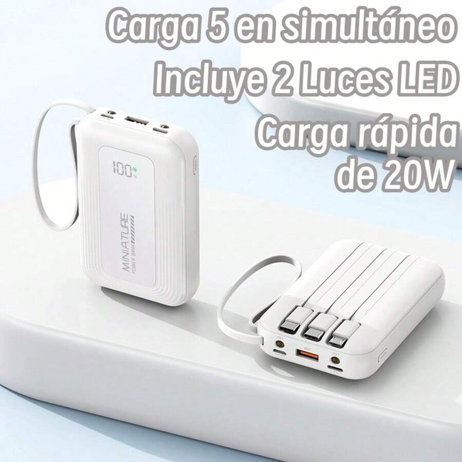 Batería Portátil Para Celular de 20000mAh, Power bank con diseño en color sólido, Pila Portátil Mini con 4 Cables Incluidos, Carga 5 Dispositivos a la Vez con Carga Súper Rápida 20W. Incluye 2 Luces LED - blanco - Ver 1