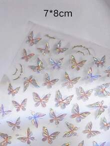 1pc Ice Crystal Aurora Laser Butterfly Embossed Nail Art Stickers, Multiple Transparent Iridescent Butterfly Designs With English Elements, Brilliant Colorful Light Effect Under Light, Thin Material Fits Closely To Nail Surface Without Curling, Shiny And Exquisite For Photos, DIY Materials For Ice-Transparent Gradient Gel Nails And Fairy-Style Wearable Nails - Multicolor - View 4