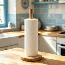 1pc Modern Bamboo Paper Towel Holder, Self-Adhesive Countertop Storage Rack With Wooden Support, Space-Saving Organizer For Kitchen And Bathroom - Multicolor - View 5