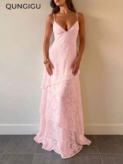 QUNGIGU Women's Spaghetti Strap Long Dress Elegant Layered Tiered Summer Outfit Suitable For Wedding Party Graduation Ceremony Date
