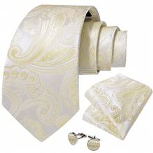 Full Paisley Print Champagne Necktie Matching Hanky Cufflinks Tie Clip Suit Pack For Luxury Yacht Evening Party - Champagne - View 6