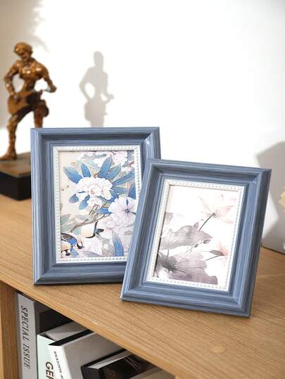 Vintage Misty Blue Wood Grain Picture Frame With Beaded Embossed Inner Border, Dual-Use Wall Hanging And Tabletop Display. Elegant Soft Blue Frame Suitable For Displaying Chinese Ink Wash Floral And Landscape Paintings. Ideal For Bedroom, Living Room, Study, Tea Room And Apartment Decor, Perfect Gift For Art Lovers, Housewarming And Birthday Celebrations