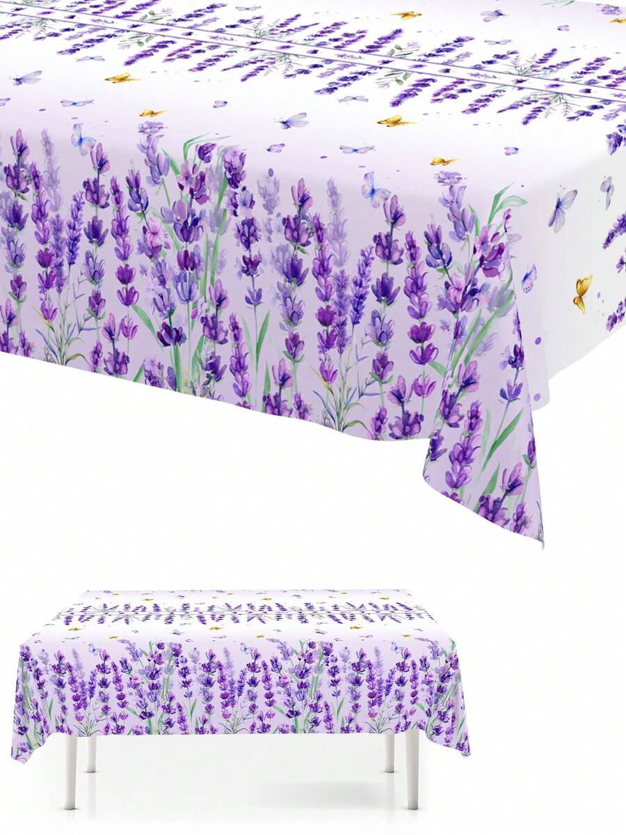 1pc Lavender Disposable Plastic Tablecloth,Purple Flower Pattern Table Cover,Fresh Garden Style For Pinic Birthday Family Gathdering Table Decor