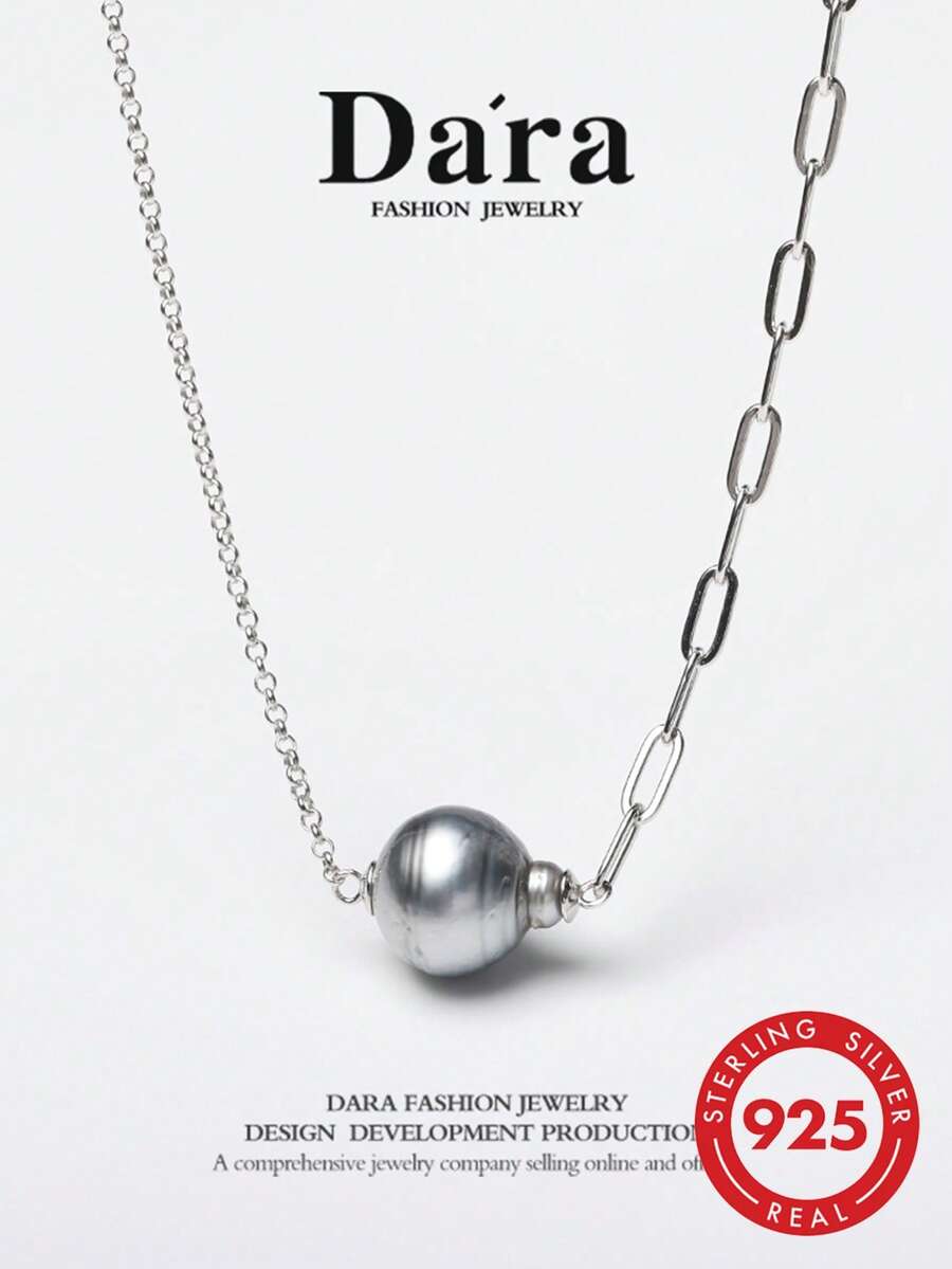 DARA Sea Water Pearl Necklace S925 Silver 11-12mm Tahitian Pearl Classic Luxury Style Low-Key And Reserved - Grey - View 1