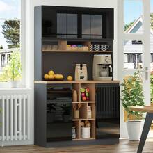 Modern White High Gloss Sideboard - Adjustable Shelves - 黑與自然 - 查看 3