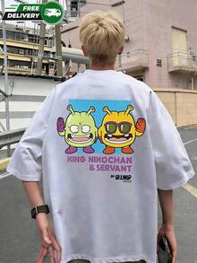 Alien Cartoonprint White Short-Sleeved T-Shirt, 100% Cotton, Men's, Cute, Street Style, Domestic Shipping. Men's Summer Top, One Men's Short-Sleeved T - 白色 - 查看 1