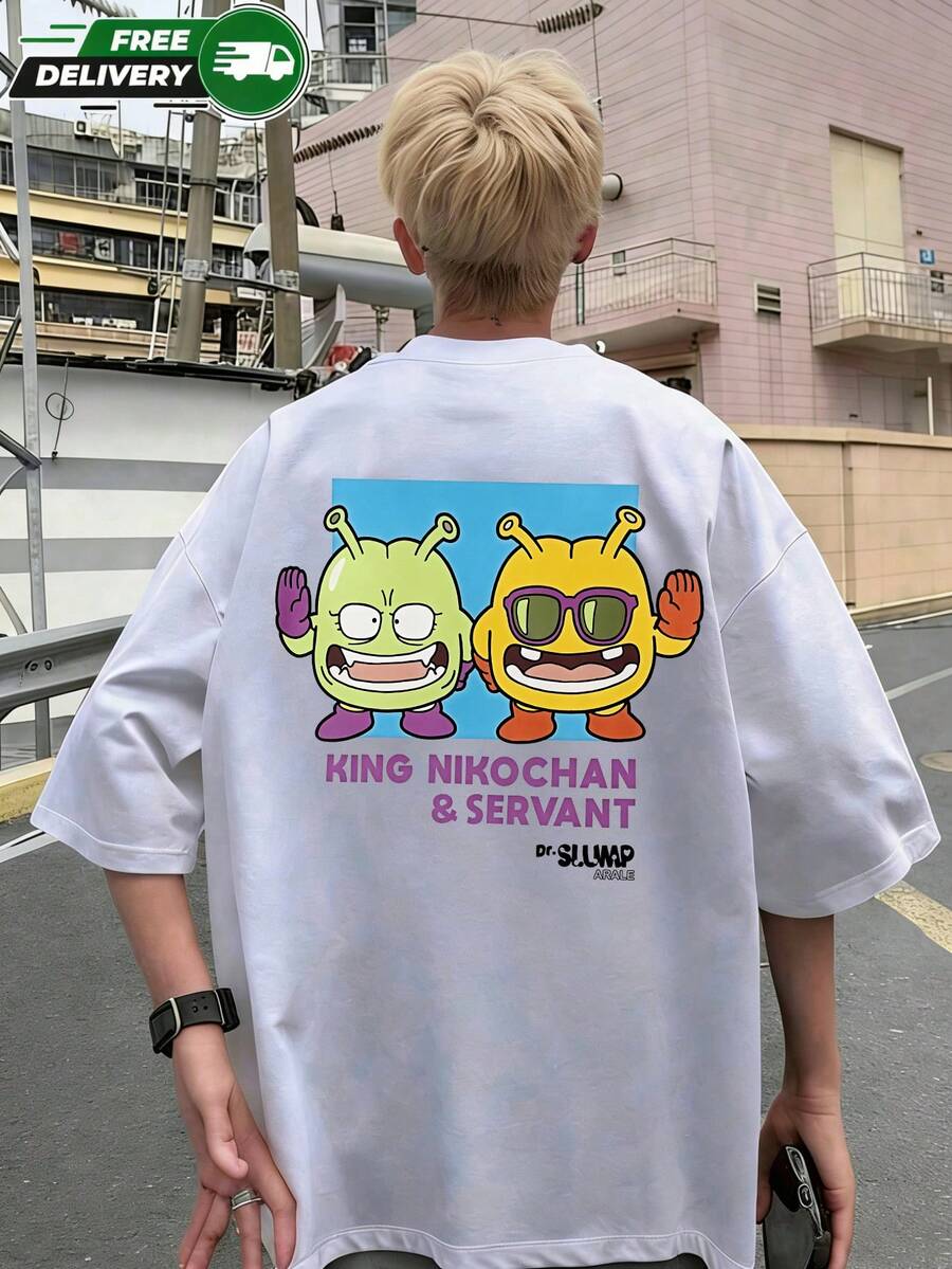 Alien Cartoonprint White Short-Sleeved T-Shirt, 100% Cotton, Men's, Cute, Street Style, Domestic Shipping. Men's Summer Top, One Men's Short-Sleeved T - 白色 - 查看 1