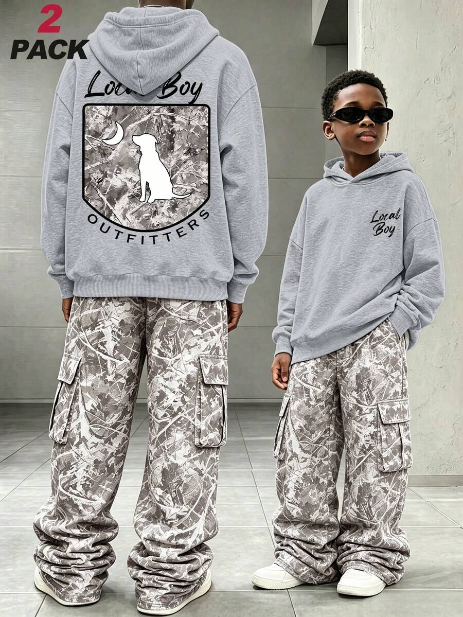 2pcs Outdoor Hunting Tween Boy Letter Print Hoodie And Plant Print Cargo Pants Set - Grey - View 1