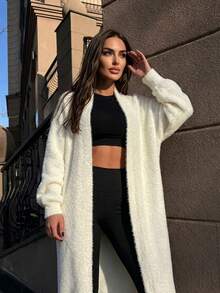 Women's Solid Color Drop Shoulder Long Sleeve Loose Casual Long Fluffy Knit Cardigan Sweater - Apricot - View 5