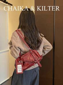 CHAIKA & KILTER 1件裝純色PU布料女款時尚波士頓保齡球肩背包，金屬孔眼裝飾，雙手把設計，拉鍊開合，適合日常與外出使用 - 酒紅色 - 查看 8