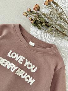 2Pcs/Set Infant Letter Embroidery Crew Neck Long Sleeve Sweatshirt & Knee Pad Leggings Set, Baby Versatile Casual Outfit - Apricot - View 9
