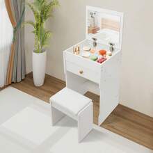 YUNRUX Vanity Table With Mirror, Compact Vanity Table With Storage Compartments And Stool, Bedroom Dresser - 白色 - 查看 10