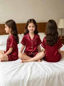 Burgundy Heart Embroidery Children's Pajama Set, Girls' Short Sleeve Loungewear 2 Pieces Set - Burgundy - View 5