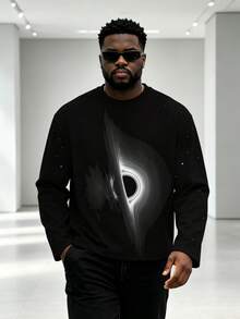 Black Hole Star Orbit Nebula Print T-Shirt Plus Size Men's Crew Neck Long Sleeve T-Shirt Casual Long Sleeve Top Machine Washable, Autumn/Winter Essential, Comfortable Everyday Wear - Black - View 1